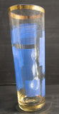 אגרטל זכוכית צרפתי מעוטר בפסים מוזהבים, מאויר בכחול