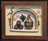 תבליט מיניאטורה נפלא מעץ ומתכת של חביות יין, מיכל התססה ופותחן ישן, גודל 34.5 ס"מ רוחב, 29.5 ס"מ גובה - Gallery Hemli - גלריה המלי