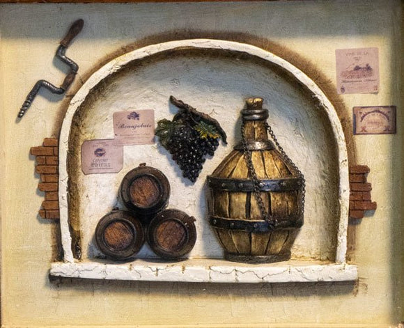 תבליט מיניאטורה נפלא מעץ ומתכת של חביות יין, מיכל התססה ופותחן ישן, גודל 34.5 ס