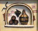 תבליט מיניאטורה נפלא מעץ ומתכת של חביות יין, מיכל התססה ופותחן ישן, גודל 34.5 ס"מ רוחב, 29.5 ס"מ גובה - Gallery Hemli - גלריה המלי
